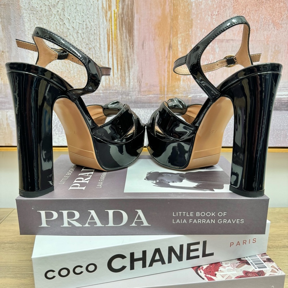 ❤️ NEW 7.5 Black Patent Platform Sandals Heels Chunky Bow Summer Wedding Strappy - Picture 8 of 9